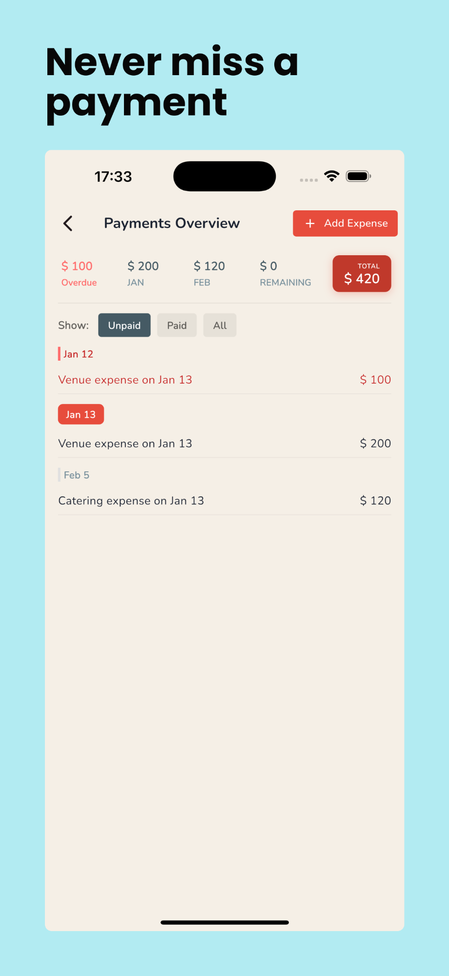 WedSum payments overview screen showing overdue, paid and upcoming payments with due dates and amounts for wedding vendors