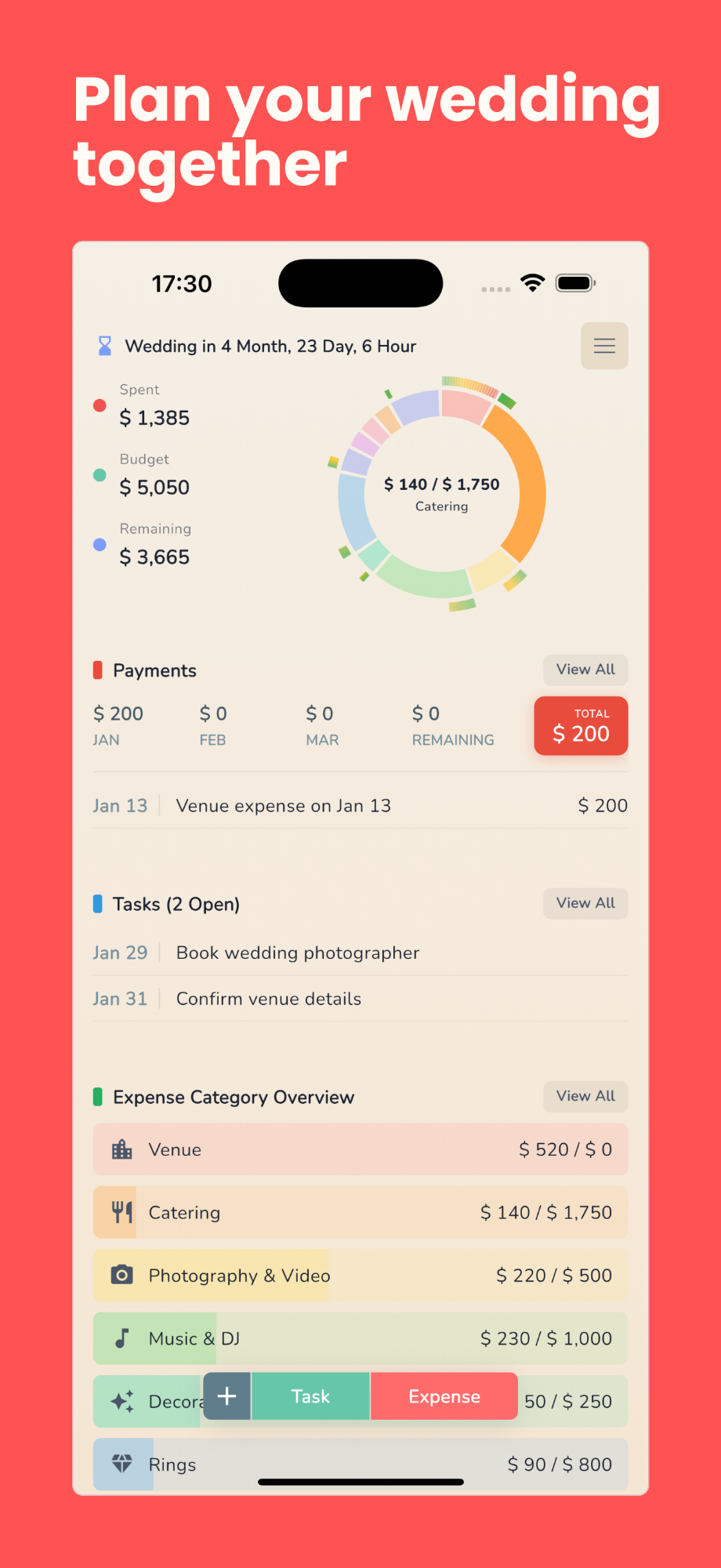 WedSum wedding planning app showing budget overview with expense categories, payments summary, and task list on a smartphone screen