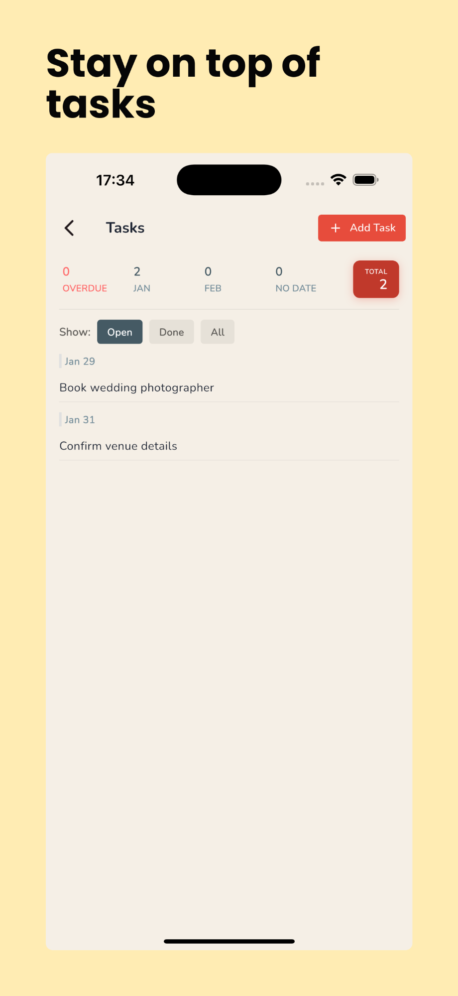 WedSum task management screen showing wedding to-do list with open tasks, due dates and task filters for organized planning