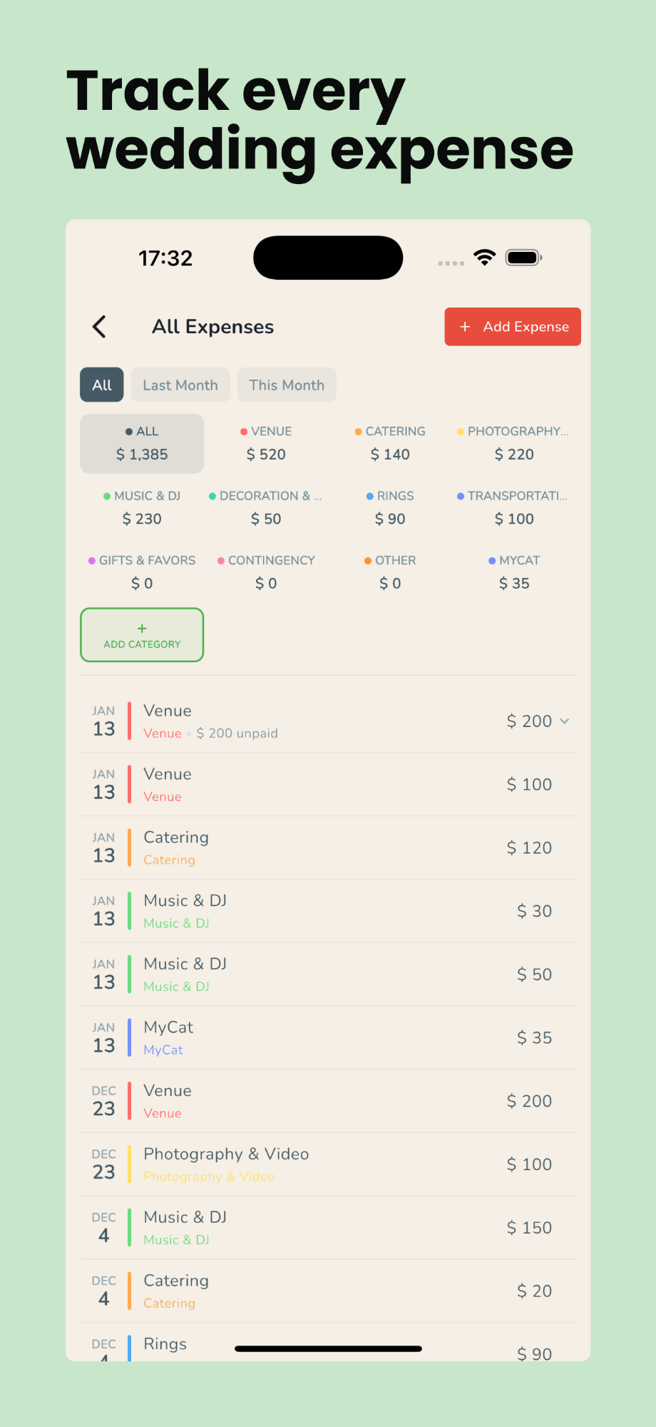 WedSum expense tracking screen showing all wedding expenses organized by category with color-coded labels for venue, catering, photography, music and more